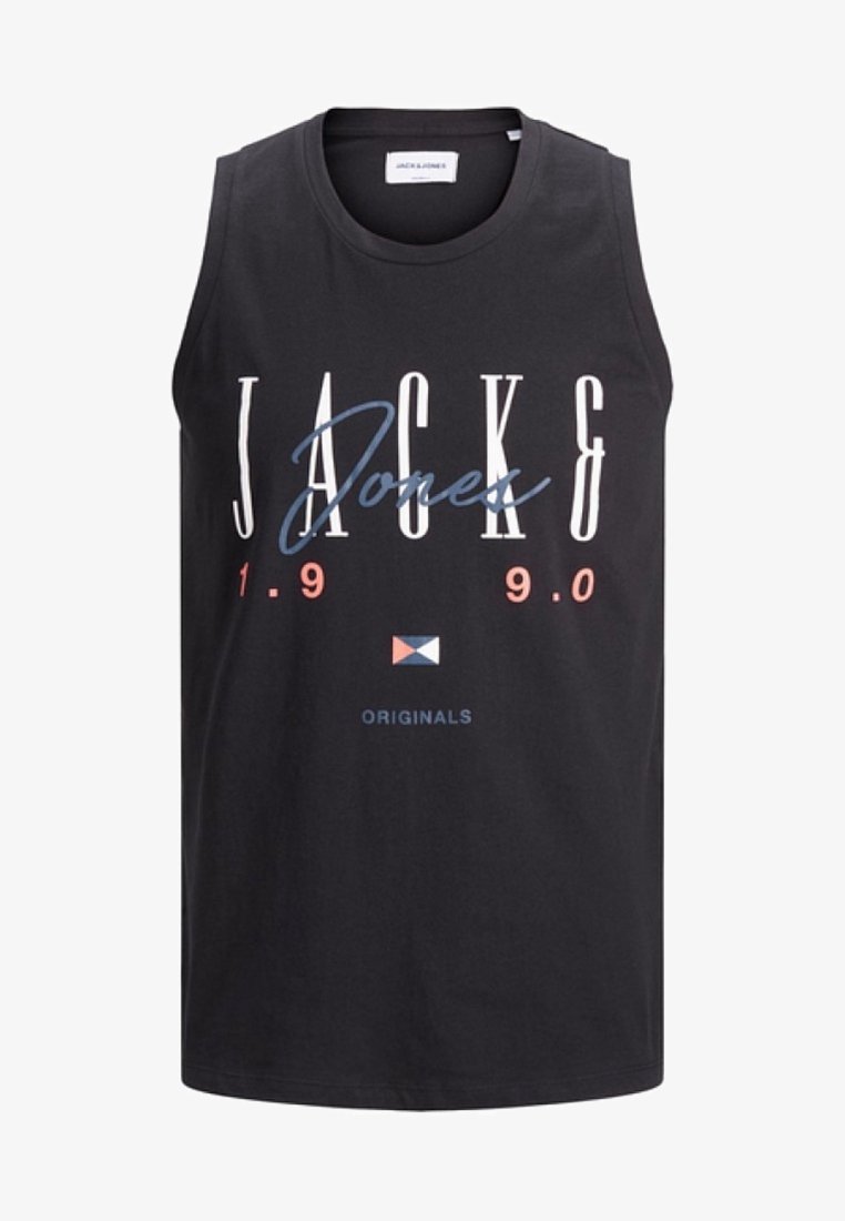 Černý bezrukávový top s nápisem "JACK & Jones 1990" a malým trojúhelníkovým logem nad slovem "ORIGINALS" na přední straně.
