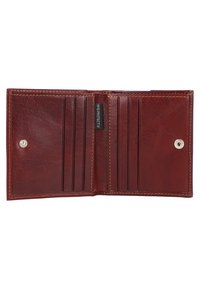 Brown leather wallet, featuring multiple card slots, smooth texture, and contrasting stitching. Closes with a snap button. RFID protection label visible.