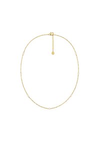 Zlatna lančana ogrlica s malim, ravnomjerno raspoređenim biserima. Dizajn uključuje kopču s produžnim lancem za podešavanje duljine.