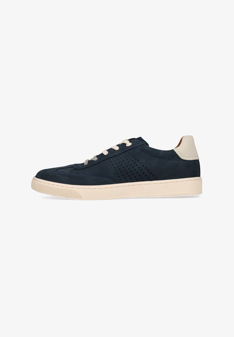 Navy leather sneaker with perforated side panels, cream accents on heel, flat shoelaces, and textured rubber sole.