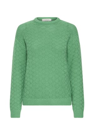 Roheline kootud kampsun, millel on tekstuuriline muster, ümar kaelus, pikad varrukad ning soonikust mansetid ja hem.