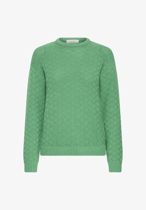 Zöld kötött pulóver texturált mintával, kerek nyakkivágással, hosszú ujjal, ribbetezett mandzsettákkal és aljjal.