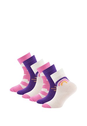 Five colorful ankle socks in pink, purple, and white with patterns including rainbows and stripes, arranged in a diagonal line.