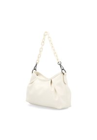 Cream leather handbag with a chain strap, featuring a gathered design and smooth texture. Accentuated by silver-tone hardware.