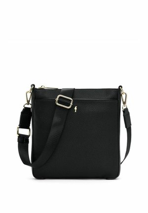 Czarna skórzana torba na ramię o teksturowanej powierzchni, z wyszukanym złotym wykończeniem i regulowanym paskiem. Kwadratowy kształt z zamkiem błyskawicznym na górze.