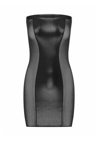 Czarna, bezramiowa sukienka bodycon o błyszczącej, gładkiej teksturze, z dopasowanym krojem i kontrastowymi detalami.