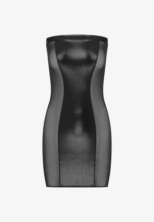 Schwarzes trägerloses Bodycon-Kleid mit glänzender, glatter Textur, figurbetontem Design und Kontrastpaneel-Details.