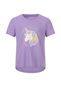 Paarse T-shirt met korte mouwen van zacht stof, voorzien van een kleurraf unicorn-graphic met de tekst "MAGIE" en "WAAR DE REGENBOOG EINDIGT."