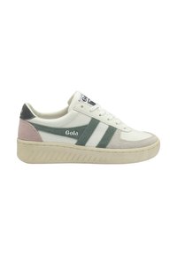 Weißer Sneaker mit grünen und pinken Akzenten, strukturiertem Leder und Wildledermaterialien, flacher Gummisohle, Schnürdesign und Logo-Detail.