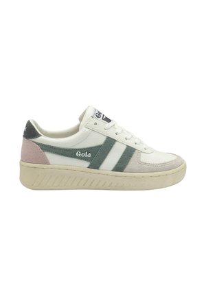 White sneaker with green and pink accents, textured leather and suede materials, flat rubber sole, lace-up design, and logo detail.