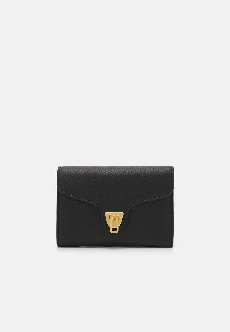 Black leather wallet with a textured finish, featuring a gold-tone clasp closure and subtle stitching along the edges. Compact rectangular shape.