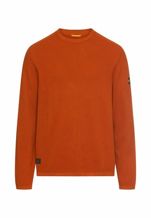 Orange long-sleeve sweater with a textured fabric, ribbed neckline, and a logo patch on the left sleeve. Straight hem and fitted cuffs.