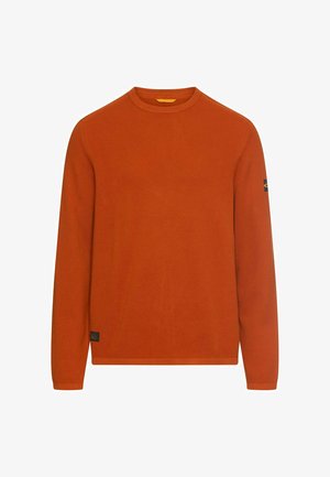 Oranger Pullover mit langen Ärmeln aus strukturiertem Stoff, geripptem Halsausschnitt und einem Logo-Patch am linken Ärmel. Gerader Saum und enganliegende Bündchen.