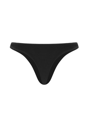 Juodas bikini kelnaitės, pagamintos iš lygaus, tamprios medžiagos. turi žemą juosmens dizainą ir minimalų dengimą su besiūlėmis kraštinėmis.