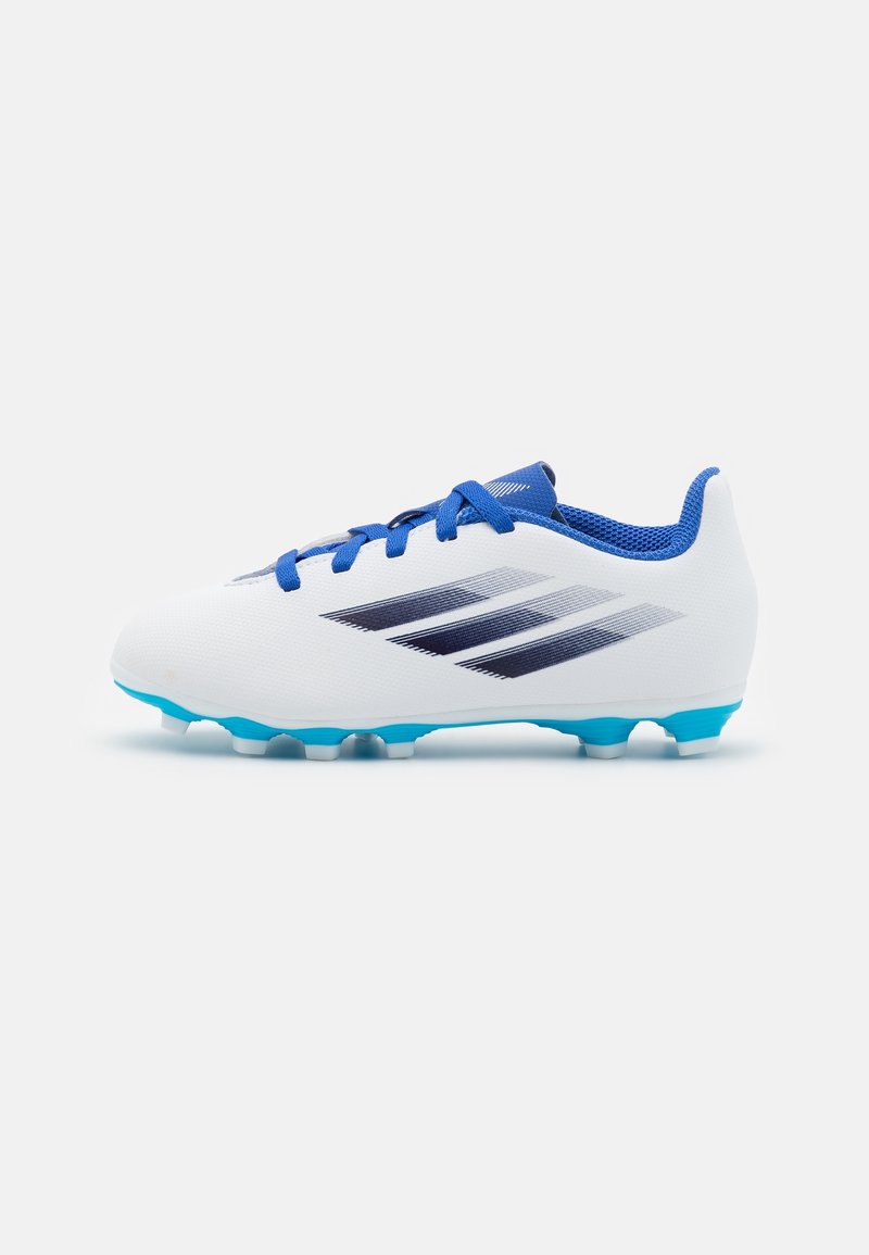 White soccer cleat with blue accents, featuring a textured upper and three dark stripes. The sole is light blue with multiple studs for traction.