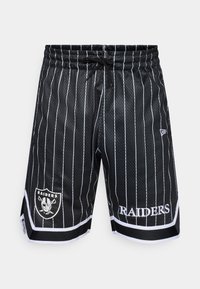 Black mesh shorts with white pinstripes, featuring an elastic waistband, drawstring, and an embroidered logo with "RAIDERS" text on the front.