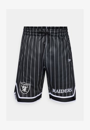 Black mesh shorts with white pinstripes, featuring an elastic waistband, drawstring, and an embroidered logo with "RAIDERS" text on the front.