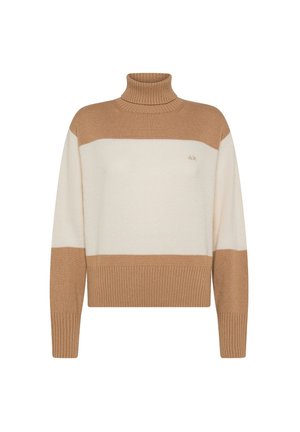 Maglione a collo alto color sabbia e crema con texture a coste, design color block e lunghezza cropped. Presenta un logo sul petto.