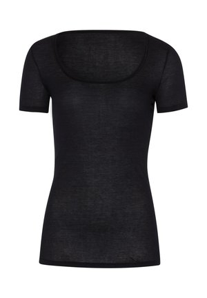 Zwarte T-shirt met korte mouwen en een brede ronde hals, gemaakt van een lichtgewicht stof, met een gladde textuur en zonder zichtbare patronen.
