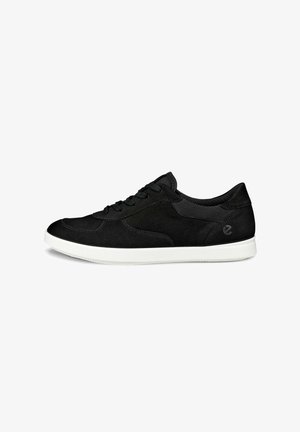 Black suede sneakers featuring a sleek low-top design, textured side panels, round toe, and a white rubber sole. Lace-up closure.