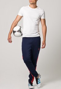 Bílé tričko s krátkým rukávem, tmavě modré tepláky s červenými pruhy, drží černo-bílý fotbalový míč, má na sobě modré a černé kopačky.