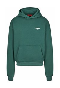 Sudadera verde con capucha de material suave; presenta un bolsillo frontal, puños acanalados y un pequeño logo blanco en la parte superior izquierda del pecho.