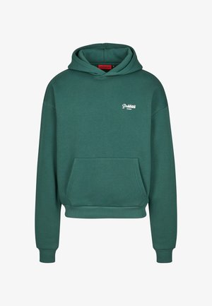 Roheline kapuutsiga sviiter pehmest materjalist; sellel on ees tasku, ribakudumised varrukates ja väike valge logo vasakul rinnal.