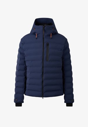 Navy blue puffer jacket featuring a zippered front, hood with orange drawstrings, and a zippered chest pocket with black hardware.