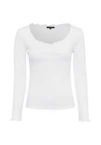 Maglietta bianca a maniche lunghe con scollatura ondulata, caratterizzata da una texture a costine e dettaglio arricciato al centro davanti. Tessuto morbido e elastico.