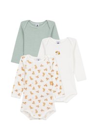 Tre langermede babybodyer: en grønnstripet, en hvit med et lite dyremotiv, og en hvit med et gjentakende dyremønster.