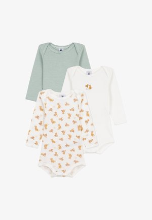 Tre langærmede baby bodystockings: en grønstribet, en hvid med et lille dyremotiv og en hvid med et gentaget dyremønster.