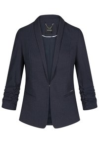 Granatowa marynarka z teksturowanym wzorem, klapami z wcięciami i podwiniętymi rękawami. Posiada dwie przednie kieszenie i zapięcie na zamek błyskawiczny.
