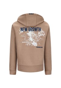 Bruine hoodie met een bergafbeelding, "NEW GROWTH" in donkerblauw, en ribbelboorden en -zoom. Materiaal lijkt zacht en comfortabel.