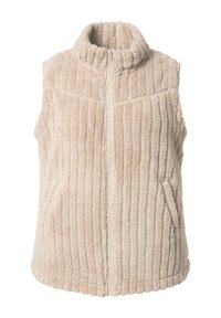 Gilet en polaire beige avec texture en côtes verticales, col haut et fermeture éclair sur le devant. Dispose de deux poches latérales pour plus de commodité.