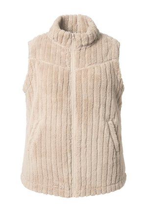 Beige fleece vest with vertical ribbed texture, high collar, and front zipper. Features two side pockets for added convenience.
