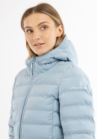 Giacca puffer azzurro chiaro con cappuccio, caratterizzata da imbottitura orizzontale, zip frontale e un logo sulla spalla sinistra. Superficie liscia.
