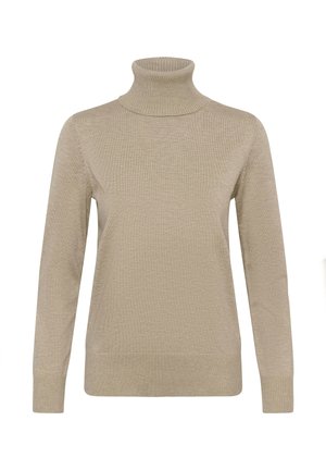 Suéter beige de cuello alto hecho de tela de punto texturizada, con mangas largas y puños y dobladillo acanalados. Sin patrones ni adornos visibles.