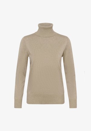 Suéter beige de cuello alto hecho de tela de punto texturizada, con mangas largas y puños y dobladillo acanalados. Sin patrones ni adornos visibles.