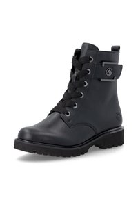 Bottine noire en cuir avec lacets à l’avant, sangle latérale avec détail métallique rond et semelle en caoutchouc robuste.