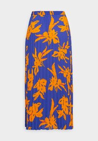 Lång plisserad kjol i blå med stora orange blommönster. Elastisk midja och lättviktsmaterial, med en texturerad yta.