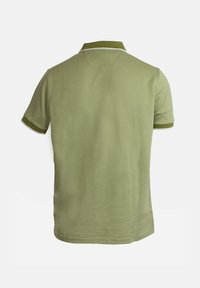 Camisa polo con una textura de tela verde clara y un cuello y puños en contraste de color verde oscuro, diseñada con un ajuste clásico de manga corta.