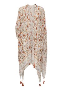 Kwiatowy kimono z lekkiego, przezroczystego materiału, z pomarańczowymi i fioletowymi kwiatami, dekoracyjną bordiurą z frędzlami na końcach oraz zwiewnym fasonem.
