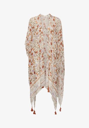 Floral Kimono aus leichtem, durchscheinendem Stoff mit orangefarbenen und lila Blumen, dekorativem Rand mit Quasten an den Ecken und fließendem Design.