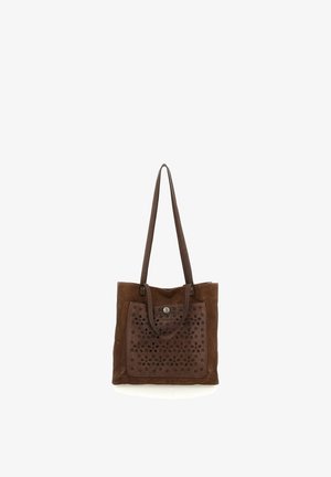 Borsa a mano in pelle marrone con manici lunghi e tasca frontale decorata con motivi floreali traforati e chiusura a scatto.