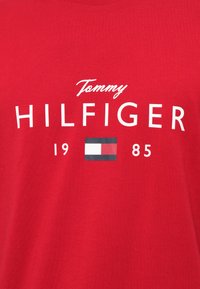 Červená látka s bílým textem "Tommy Hilfiger" nad obdélníkovým logem v bílé, červené a námořnické modré, po stranách s čísly "19" a "85".