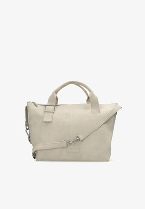 Beige leren tote bag met dubbele handgrepen, afneembare schouderriem en ritssluiting aan de bovenkant. Glad textuur met minimale detailing.