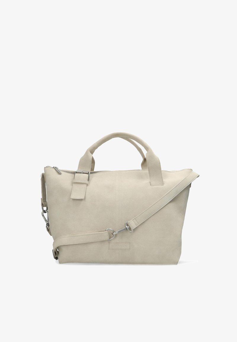 Beige leren tote bag met dubbele handgrepen, afneembare schouderriem en ritssluiting aan de bovenkant. Glad textuur met minimale detailing.