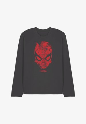 Black long-sleeve t-shirt featuring a red graphic of a spider-man face with web pattern. Cotton material; crew neckline and standard fit.