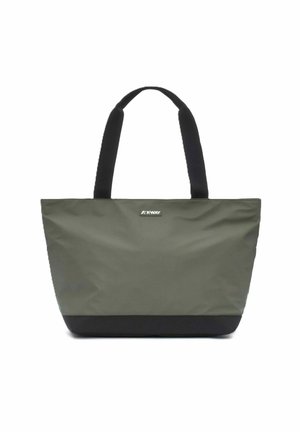 Borsa tote verde oliva e nera con due manici neri e un piccolo logo K-Way centrato vicino alla parte superiore.