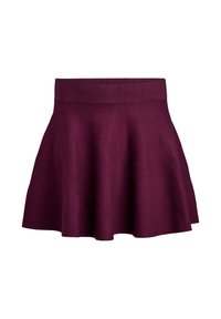 Głęboki fioletowy spódniczka rozkloszowana z szerokim elastycznym pasem, gładka tekstura i długość powyżej kolana.